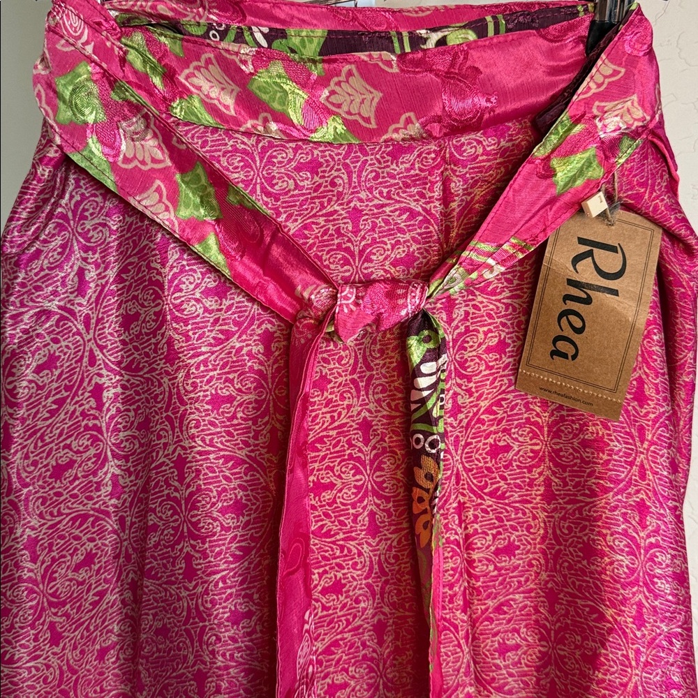 RHEA PRINTED WRAP SKIRT IN MULTI PINK AND GREEN INDIAN PRINT Reversible - Picture 10 of 10